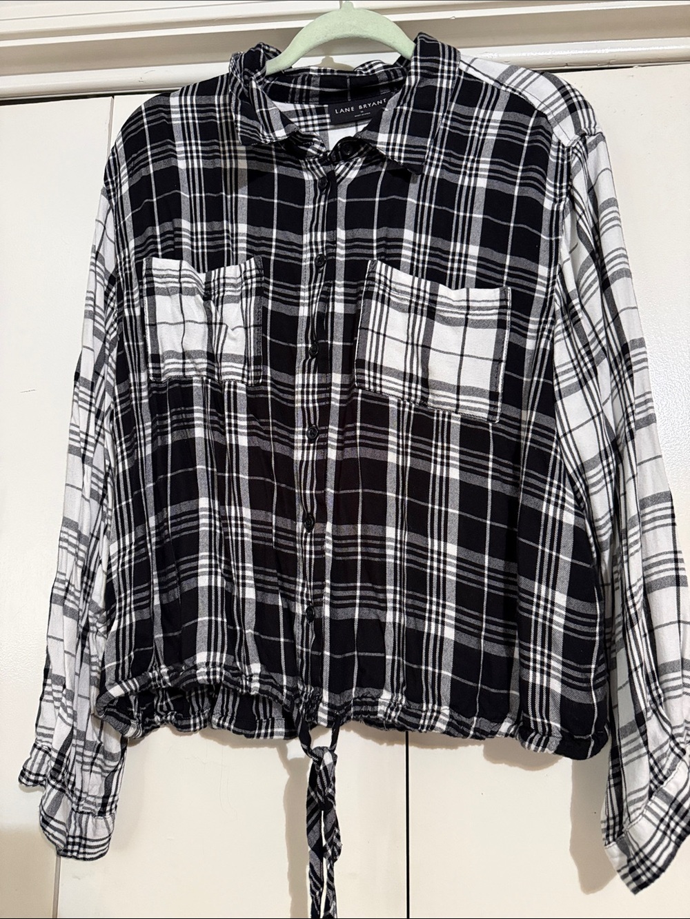 Lane Bryant Black & White Plaid Button-Down Drawstring Shirt